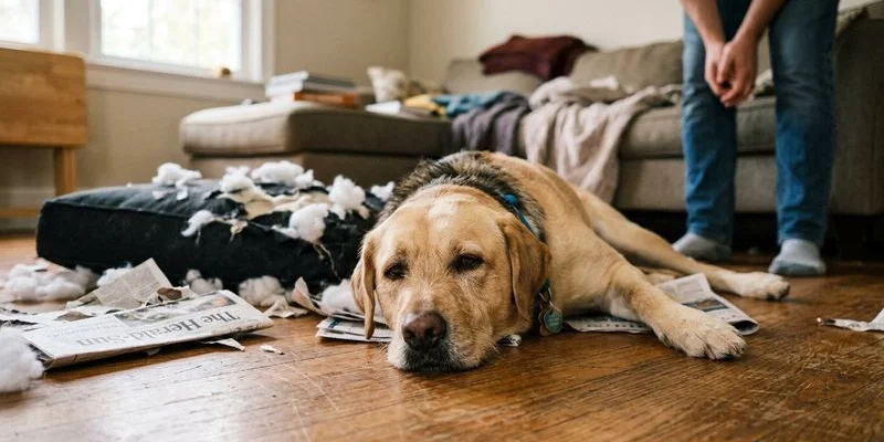 A bored dog lying next to chewed up household items