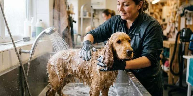 Calm dog being gently bathed with soothing techniques