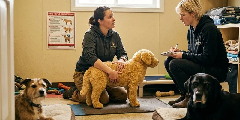 Diagram showing the canine Heimlich maneuver technique for small and large dogs