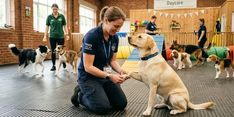 Certified pet first aid counselor monitoring dogs during supervised play session