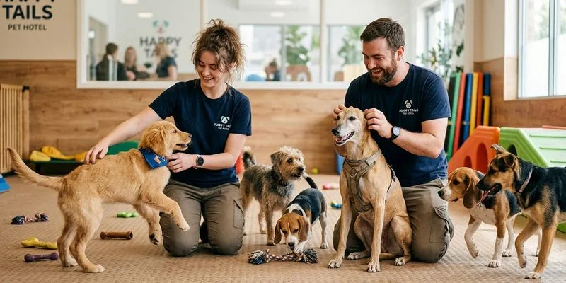 Certified staff members supervising a playgroup at a pet hotel