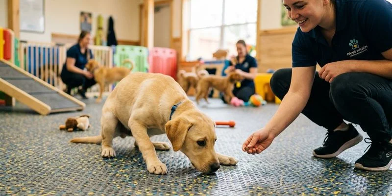 A dog exploring a daycare facility for the first time