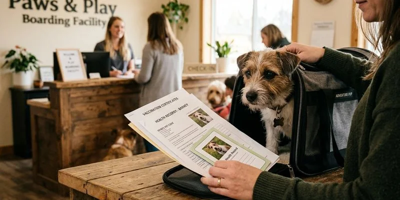 Dog health records and vaccination certificates on a table
