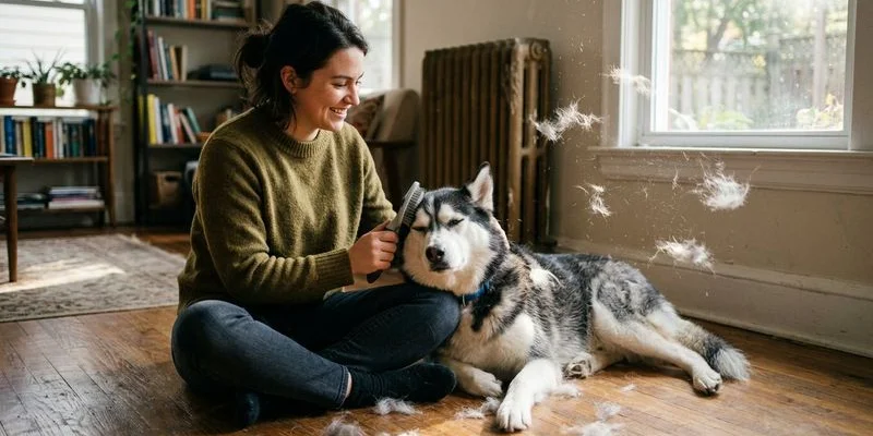 Dog owner brushing their pet at home as part of regular grooming maintenance routine