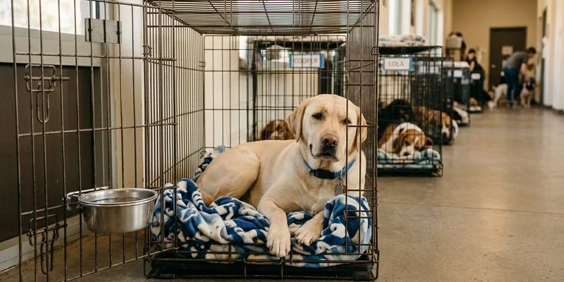 Dog resting comfortably in crate during scheduled rest period at daycare