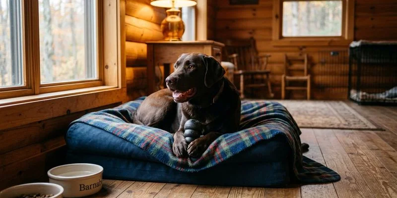 A dog settling into a comfortable boarding suite with familiar toys