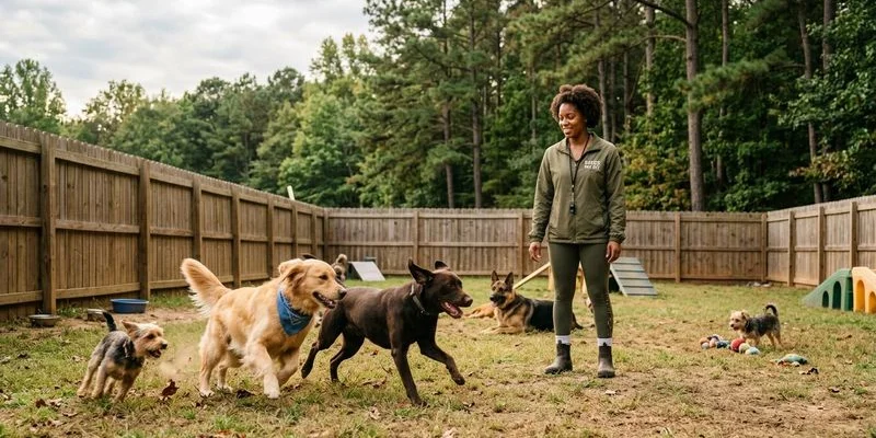 Dogs enjoying supervised playtime in an outdoor daycare yard