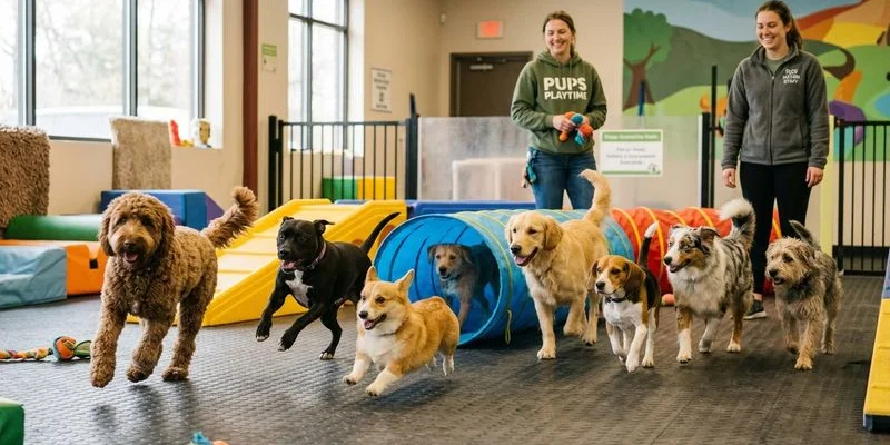 Dogs in supervised playgroups at a daycare facility