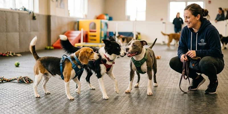 Dogs learning social skills during supervised play at daycare