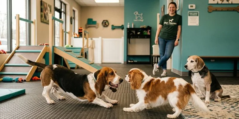 Dogs grouped by temperament playing happily