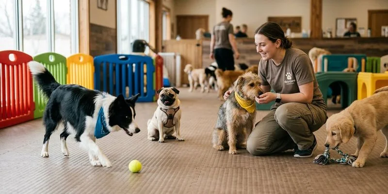 Dogs playing in a supervised daycare group session