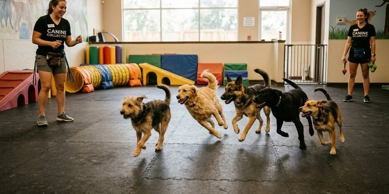 Dogs playing together in supervised open play group at daycare