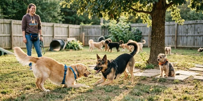 Dogs socializing in an outdoor play yard at daycare