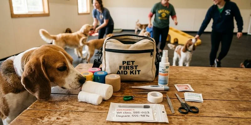 First aid supplies laid out for a dog emergency kit with bandages and supplies