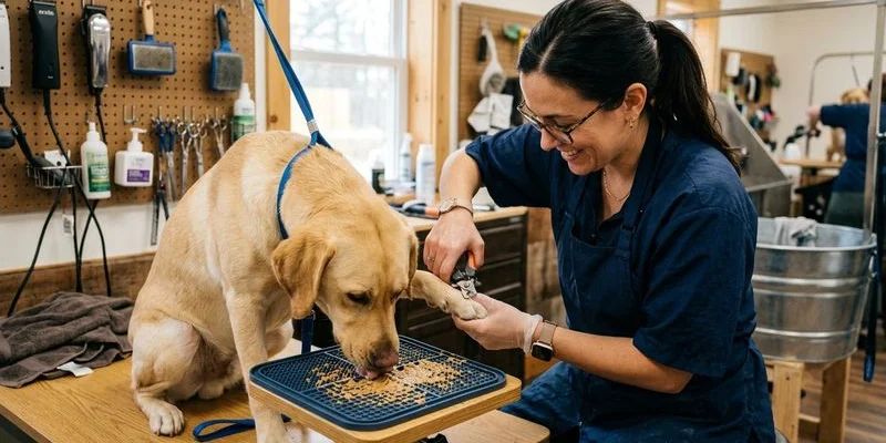 Groomer carefully trimming a dog nails during a professional grooming session
