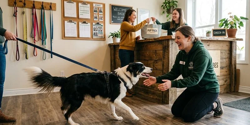 A happy dog being greeted by friendly boarding staff at check-in