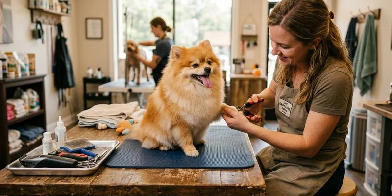 Happy dog getting nails trimmed by professional groomer