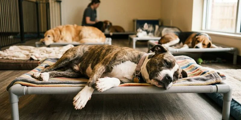 A happy dog relaxing after a full day of daycare activities