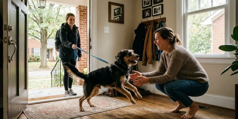 Happy dog returning home after an enriching midday walk