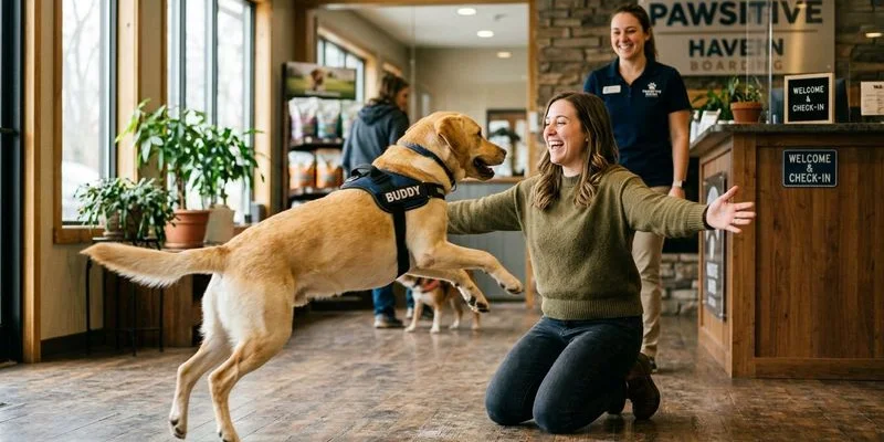 A happy dog reuniting with their owner after a boarding stay