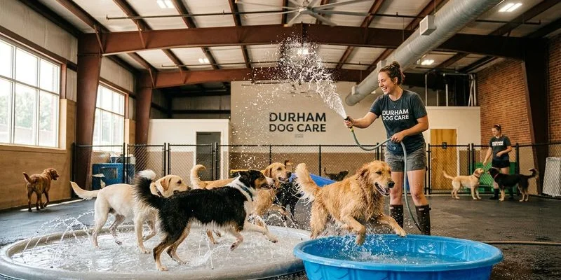 Happy dogs playing safely in a climate controlled indoor daycare facility during summer