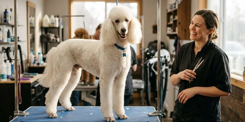 Happy freshly groomed dog with a clean shiny coat after professional grooming appointment