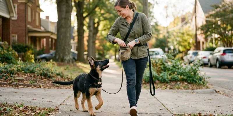 Owner rewarding dog with treat for walking in heel position