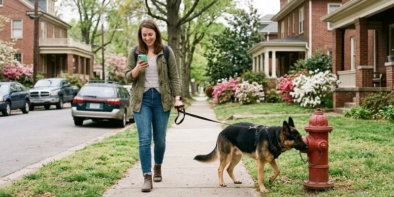 A pet sitter walking a dog in a residential neighborhood