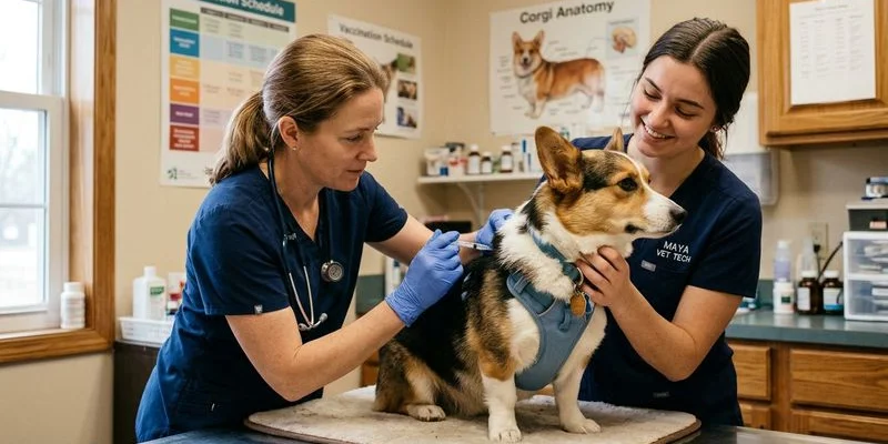 Veterinarian administering vaccination to a healthy dog